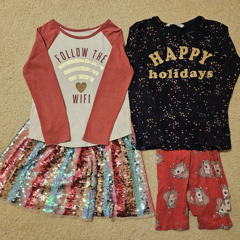 H&M girls spangle skirt, t-shirts and leggings